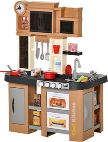 HOMCOM Bucatarie pentru Copii 3-6 Ani cu 58 Accesorii, Aragaz cu Sunete si Chiuveta Functionala, 63x35x84, Gri Maro