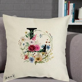 Cadou Personalizat - Perna Personalizata Monogram Litera L cu Flori Acuarela, 40x40 cm, Ecru, Husa Detasabila, Perna Inclusa, BEKZ®