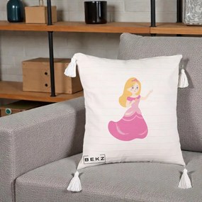 Perna Personalizata Printesa Roz cu Microfon, 40x40 cm, Bej cu Franjuri, Husa Detasabila, Perna Inclusa, BEKZ®