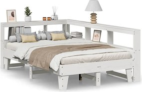 vidaXL Pat cu bibliotecă fără saltea, alb, 120x190 cm, lemn masiv pin