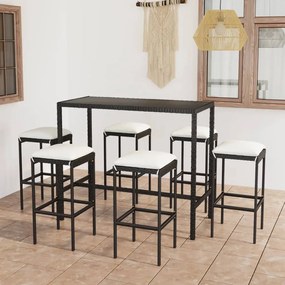 Set mobilier bar de gradina cu perne, 7 piese, negru, poliratan