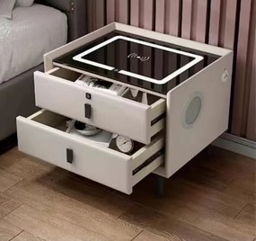 Noptiera inteligenta multifunctionala, iluminare LED tactil, blocare amprentă, incarcare wireless si USB, difuzor Bluetooth, catifea, Bej