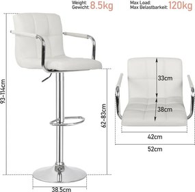 MIADOMODO Scaun de bar 2 buc, cu brațe, alb