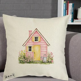 Perna Decorativa Casuta Roz Acuarela cu Gradina, 40x40 cm, Ecru, Husa Detasabila, Perna Inclusa, BEKZ®