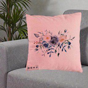 Perna Decorativa Buchet Flori Albastre Acuarela, 40x40 cm, Roz, Husa Detasabila, Perna Inclusa, BEKZ®