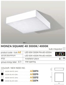 Plafoniera LED design slim MONZA S 40 4000K alba