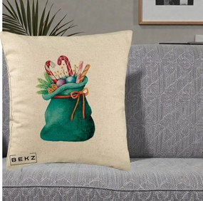 Perna Decorativa Saculet Cadouri Mos Craciun Acuarela Verde, 40x40 cm, Bej, Husa Detasabila, Perna Inclusa, BEKZ®