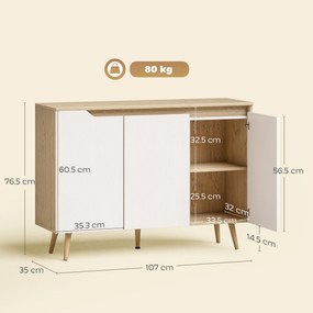 HOMCOM Bufet Bucătărie, Mobilier Bucătărie cu 3 Uși, Rafturi Ajustabile și 5 Picioare din Lemn de Cauciuc, Stil Modern, Bufet pentru Living, Sufragerie, Sală de Masă, Alb și Stejar | Aosom Romania
