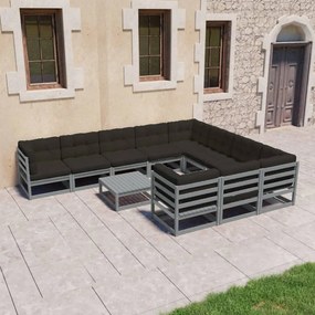 Set mobilier de gradina cu perne,11 piese,gri,lemn masiv de pin Gri, 1, Da