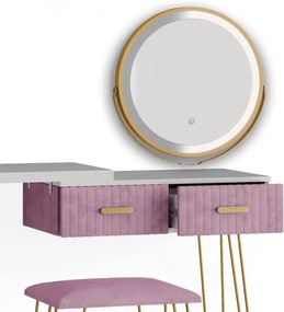 SEA394 - Set Masa toaleta, 120 cm, cosmetica machiaj, oglinda cu LED, masuta vanity, scaun tapitat - Alb-Auriu-Roz