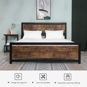 HOMCOM Cadru Pat Matrimonial din Lemn si Otel 160x200cm, Sipci Integrate si Tetiera in Stil Industrial, Negru Maro Rustic