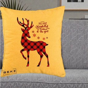 Perna Decorativa Ren Buffalo Plaid Craciun, 40x40 cm, Galben, Husa Detasabila, Perna Inclusa, BEKZ®
