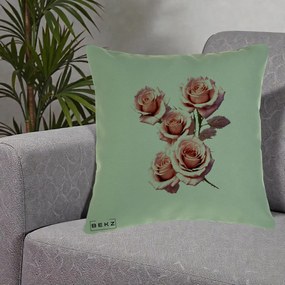 Perna Decorativa Trandafiri Roz Pastel Acuarela, 40x40 cm, Verde, Husa Detasabila, Perna Inclusa, BEKZ®
