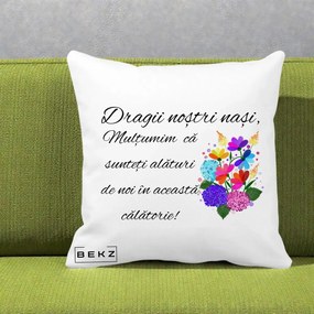 Cadou pentru Nasi - Perna Personalizata Dragii Nostri Nasi Multumim cu Flori Multicolore, 40x40 cm, Alba Mata, Husa Detasabila, Perna Inclusa, BEKZ®