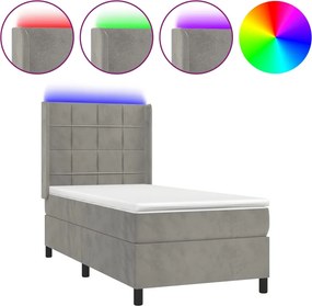 vidaXL Pat cu arcuri, saltea și LED, gri deschis, 90x200 cm, catifea