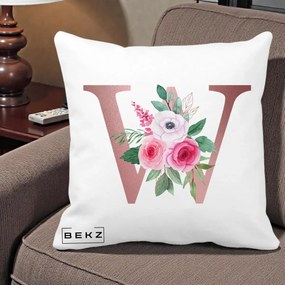 Cadou Personalizat - Perna Personalizata Monograma Rose Gold Litera W cu Trandafiri si Anemona, 40x40 cm, Alba Mata, Husa Detasabila, Perna Inclusa, BEKZ®