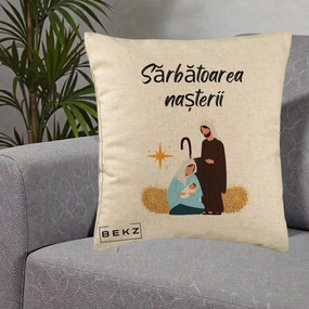 Perna Decorativa Nasterea Domnului Sfanta Familie Sarbatoarea Nasterii, 40x40 cm, Bej, Husa Detasabila, Perna Inclusa, BEKZ®