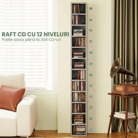 HOMCOM Raft Bibliotecă Pentru CD-uri cu 12 Polițe pentru 204 CD-uri, din MDF și PAL, 21 x 20 x 175 cm, Gri | Aosom Romania