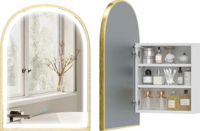 HOMCOM Dulap de perete pentru baie cu oglindă și iluminare LED, ușă arcuită, anti-abur, 50x14,5x70cm, auriu | Aosom Romania