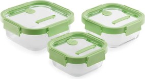 Set 3 caserole sticla depozitare alimente Lekue 1009493, 0,5/0,8/1,1 l, Capac, Supapa pentru cuptor cu microunde, -20/+100°C, Verde