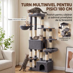 PawHut Ansamblu de Joacă pentru Pisici 180 cm, Multinivel, 13 Stâlpi de Zgâriat, 2 Grote, Hamac, 2 Culcușuri, Gri Închis | Aosom Romania