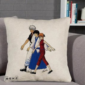 Perna Personalizata Gintama Trio Gintoki Shinpachi Kagura, 40x40 cm, Bej Canapea, Husa Detasabila, Perna Inclusa, BEKZ®
