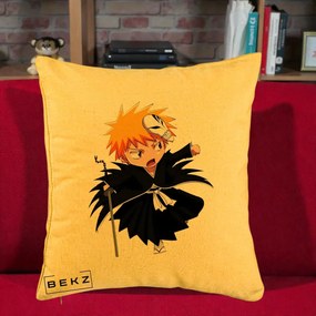 Perna Personalizata Bleach Ichigo Chibi cu Masca, 40x40 cm, Galben, Husa Detasabila, Perna Inclusa, BEKZ®