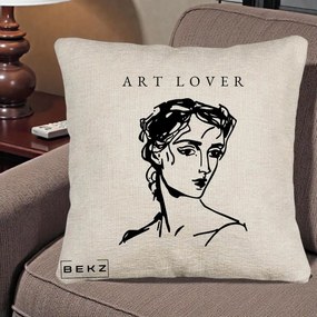 Perna Decorativa Art Lover Portret Grafic, 40x40 cm, Bej Canapea, Husa Detasabila, Perna Inclusa, BEKZ®