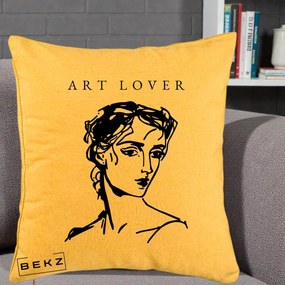 Perna Decorativa Art Lover Portret Grafic, 40x40 cm, Galben, Husa Detasabila, Perna Inclusa, BEKZ®