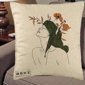 Perna Decorativa Portret Feminin Profil Flori Portocalii, 40x40 cm, Bej, Husa Detasabila, Perna Inclusa, BEKZ®