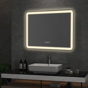 Oglindă baie, Multifuncțională, Iluminare LED Touch, Sistem Dezaburire, Ceas electronic încorporat, Indicator Temperatura, 70x50 cm