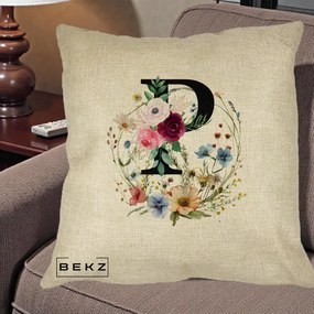 Cadou Personalizat - Perna Personalizata Monogram Litera P cu Flori Acuarela, 40x40 cm, Crem, Husa Detasabila, Perna Inclusa, BEKZ®