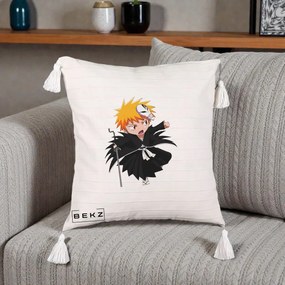 Perna Personalizata Bleach Ichigo Chibi cu Masca, 40x40 cm, Bej cu Franjuri, Husa Detasabila, Perna Inclusa, BEKZ®