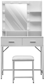 Set ELINORE – Masă de Toaletă pentru Machiaj, Oglinda 10 becuri LED, Iluminare reglabila, 2 sertare, separatoare, rafturi, scaun, Alb
