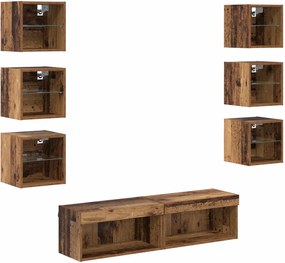 vidaXL Cabinet TV cu lumini cu bandă LED 8 pcs Lemn Vechi Sticlă