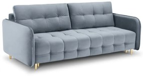 Canapea extensibila Scaleta cu 3 locuri, tapiterie din catifea si picioare din metal auriu, albastru deschis