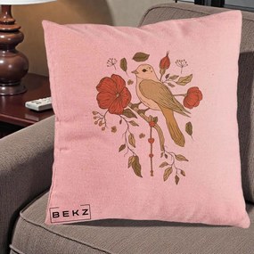 Perna Decorativa Pasare pe Ramura cu Maci, 40x40 cm, Roz, Husa Detasabila, Perna Inclusa, BEKZ®