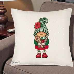 Perna Decorativa Gnom Craciun Verde cu Bomboane si Floare, 40x40 cm, Crem Reliefat, Husa Detasabila, Perna Inclusa, BEKZ®