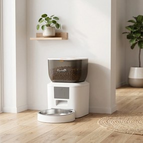 PawHut Distribuitor Automat de Hrană pentru Pisici 4L, WiFi 2.4G, Control App cu Înregistrare 10s, Bol, Alb | Aosom Romania