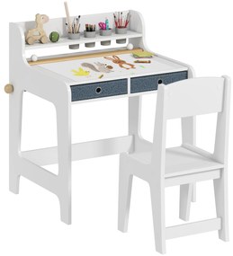 AIYAPLAY Birou pentru copii cu scaun, masă pentru copii și scaun cu 2 sertare din material textil și suport pentru pahare, 62,8x55,6x73,8cm, alb | Aosom Romania