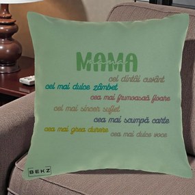 Cadou pentru Mama - Perna Personalizata Mama Cel Dintai Cuvant cu Text Colorat Multicolor, 40x40 cm, Verde, Husa Detasabila, Perna Inclusa, BEKZ®