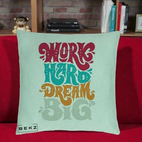 Perna Decorativa Work Hard Dream Big Retro, 40x40 cm, Verde Menta, Husa Detasabila, Perna Inclusa, BEKZ®