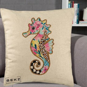 Perna Decorativa Calut de Mare Glitter Tropical, 40x40 cm, Bej, Husa Detasabila, Perna Inclusa, BEKZ®