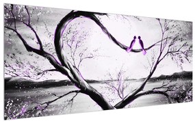 Tablou cu două păsări violete în copac (120x50 cm), în 40 de alte dimensiuni noi