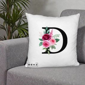 Cadou Personalizat - Perna Personalizata Monograma Florala Litera D, 40x40 cm, Alb Pufos, Husa Detasabila, Perna Inclusa, BEKZ®