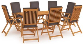 vidaXL Set mobilier de grădină cu perne, 9 piese, gri, lemn masiv tec