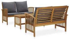 Set mobilier de gradina cu perne, 3 piese, lemn masiv de acacia Gri, 2x banca + masa, 1