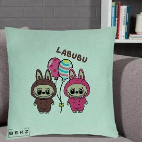 Perna Personalizata Labubu Cuplu cu Baloane, 40x40 cm, Verde Menta, Husa Detasabila, Perna Inclusa, BEKZ®