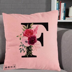 Cadou Personalizat - Perna Personalizata Monograma Florala Litera F, 40x40 cm, Roz, Husa Detasabila, Perna Inclusa, BEKZ®