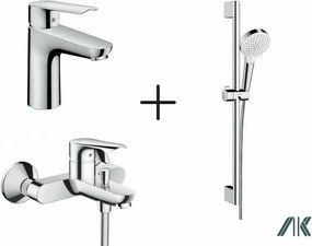 Set baterii Hansgrohe Logis E cu baterie lavoar, baterie cada si set de dus cu bara crom